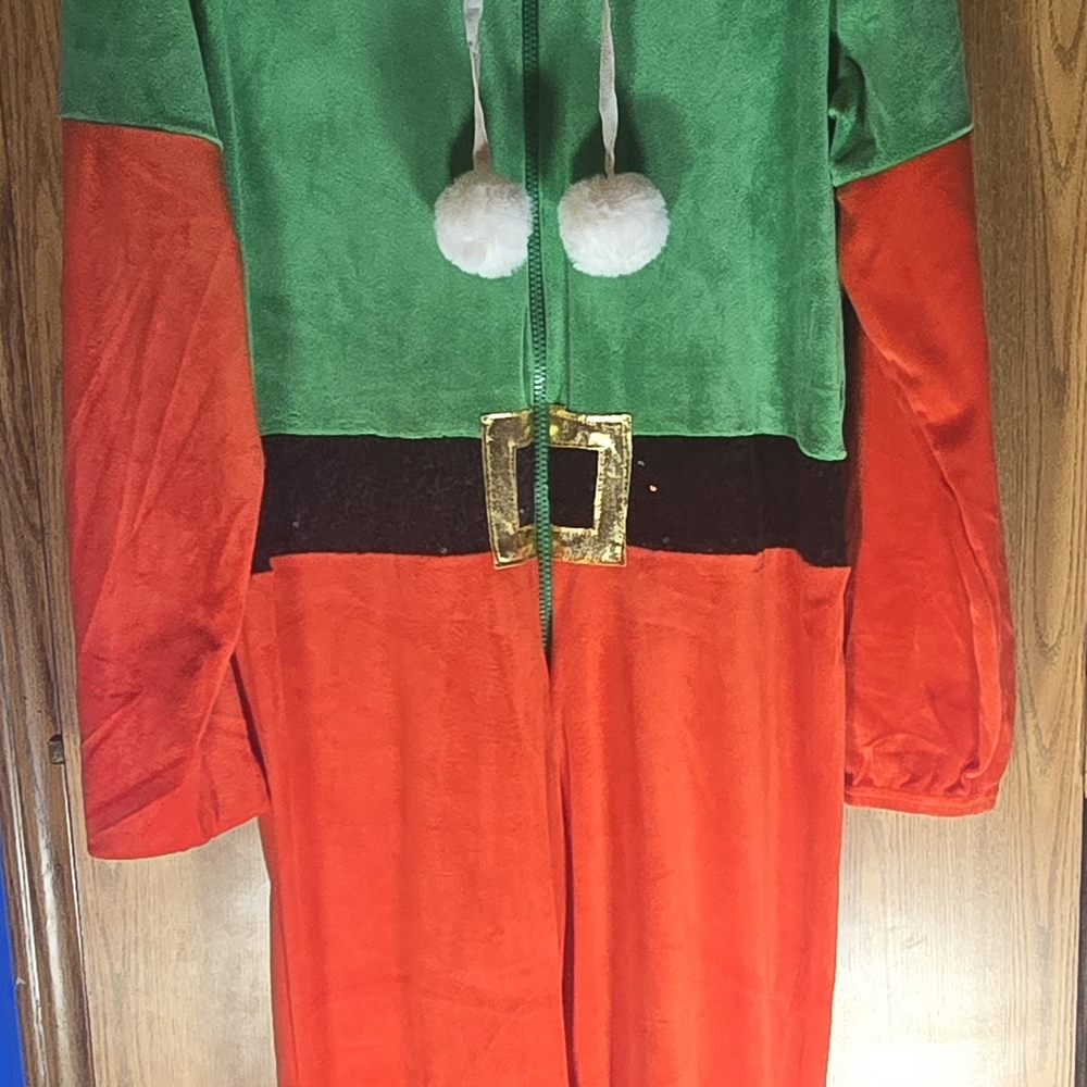 Seasonal Green and Red Elf Costume with Plush Texture